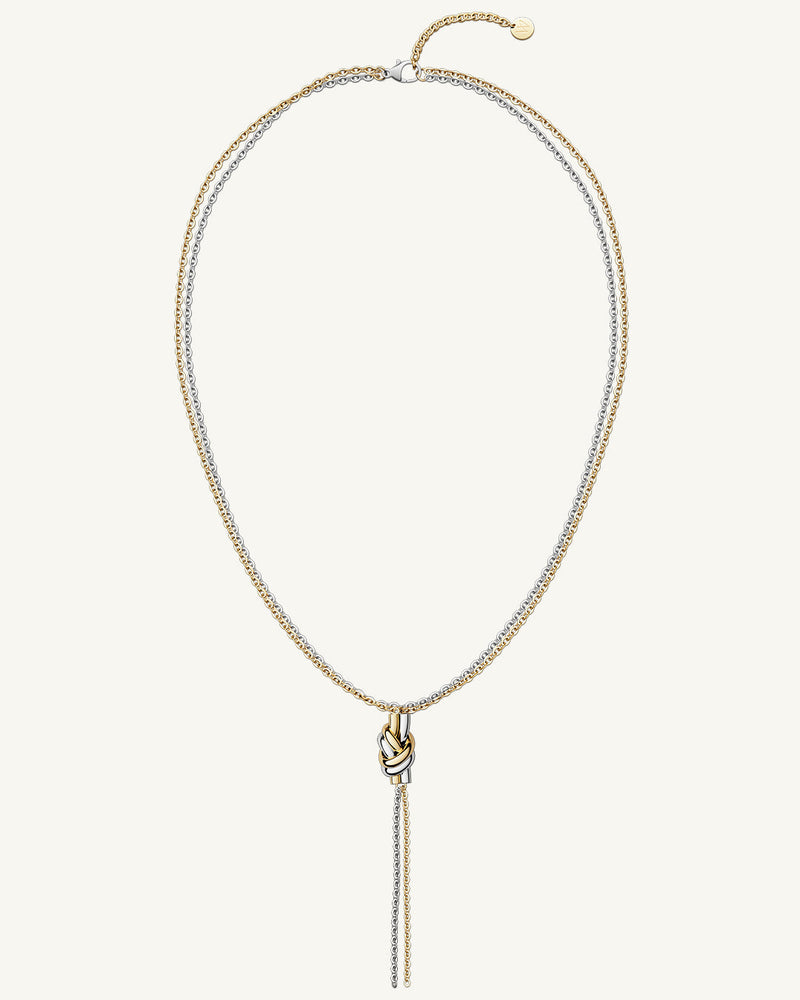 Necklace in silver and gold plated-316L stainless steel from Waldor & Co. The model is Dual Knot Necklace Polished.
