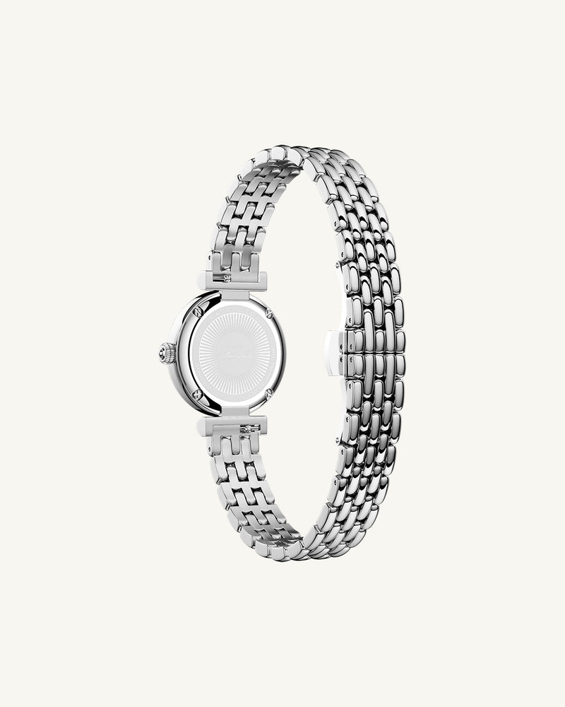 A round womens watch in Rhodium-plated 316L stainless steel from Waldor & Co. with white Sapphire Crystal glass dial. Seiko movement. The model is Venia 24 Villefranche.