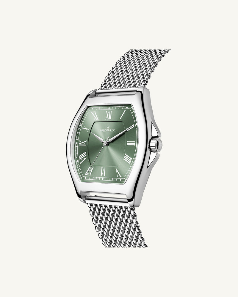 A tonneau mens watch in rhodium-plated silver from Waldor & Co. with green sunray dial and a second hand. Ronda movement. The model is Constant 40 Lecco.