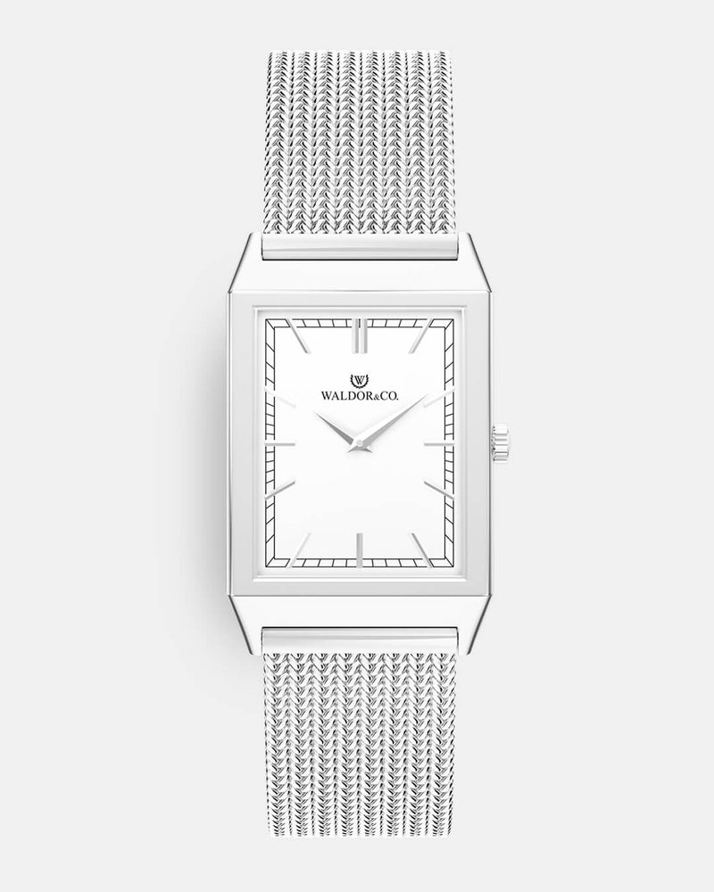 A square mens watch in rhodium-plated silver from Waldor & Co. with white sunray dial. Seiko movement. The model is Conceptual 37 Antibes.