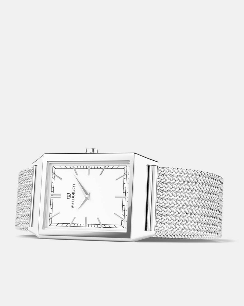 A square mens watch in rhodium-plated silver from Waldor & Co. with white sunray dial. Seiko movement. The model is Conceptual 37 Antibes.